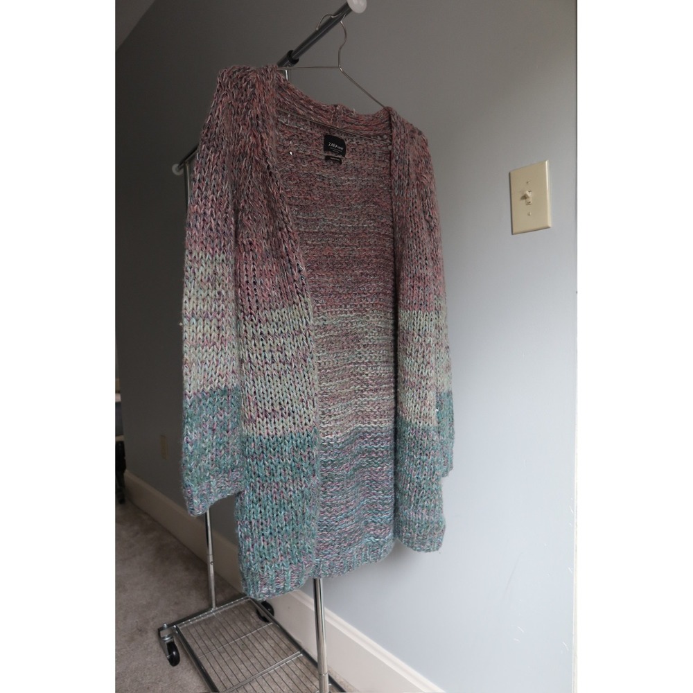 Zara Knit Women's M Striped Ombre Open Cardigan Sweater Pink Blue Italian Yarn‎